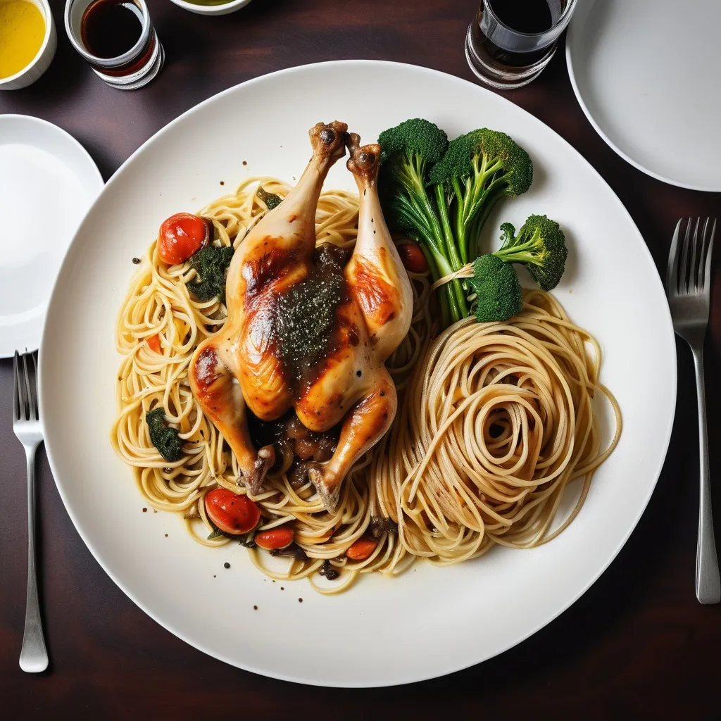 Prompt: platting for chicken roasted (whole leg debone), spaghetti aglio olio, saute vegetable serve with blackpepper sauce