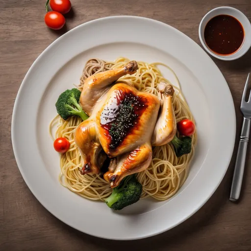 Prompt: platting for a plate that have roasted chicken, spaghetti aglio olio, saute vegetable and blackpepper sauce