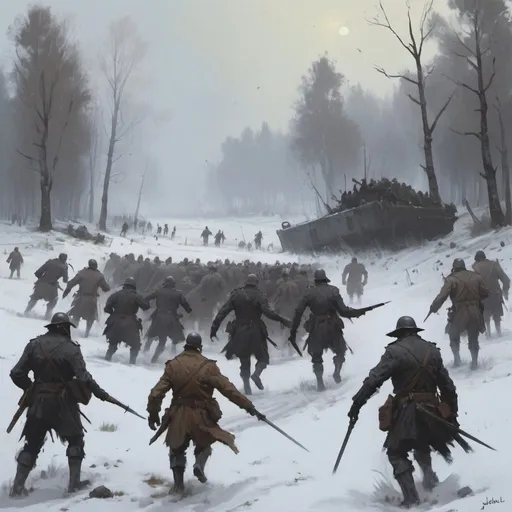 Prompt: Jakub Rozalski style painting of the attack of the dead men
