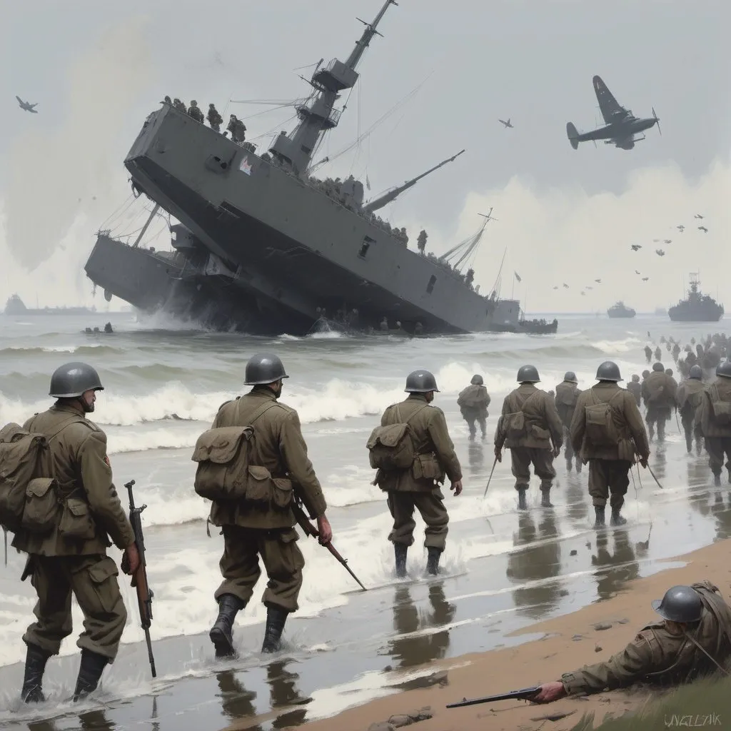 Prompt: Jakub Rozalski style painting of d day
 