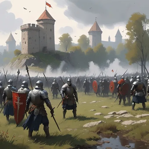 Prompt: Jakub Rozalski style painting of a medieval battlefield 
 
