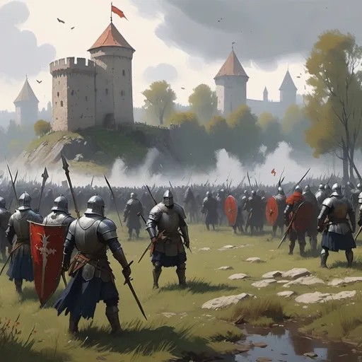 Jakub Rozalski style painting of a medieval battlefield