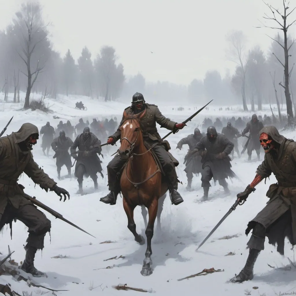 Prompt: Jakub Rozalski style painting of the attack of the dead men
