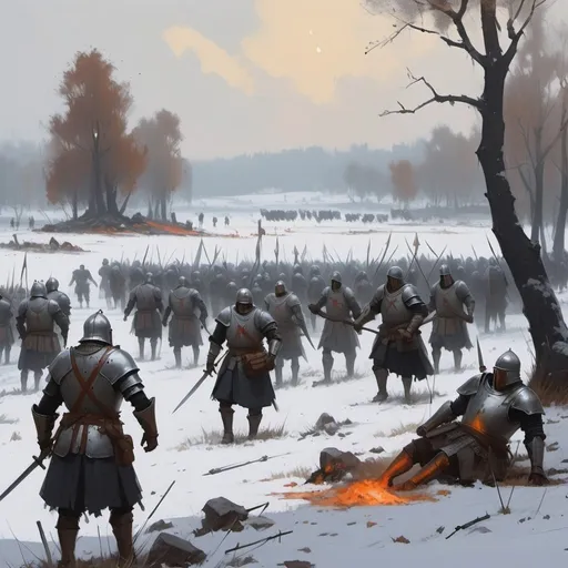 Prompt: Jakub Rozalski style painting of a medieval battlefield 
 