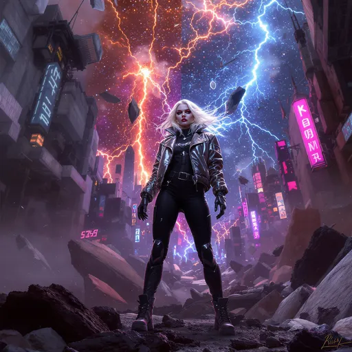 Prompt: A dramatic digital artwork featuring Riley Haynes standing in the middle of a futuristic city that looks shattered and broken, as if it has just crash-landed. The sky glows with fiery streaks of orange, purple, and neon blue, resembling falling debris and cosmic energy. Riley stands tall and powerful among the wreckage, dressed in futuristic high-fashion streetwear—metallic jacket, crystal accents, and combat boots—her platinum-blonde hair glowing in the light. She looks confident and unshaken, a symbol of strength rising from chaos. The image is intense and cinematic, but modest and respectful, with no revealing or inappropriate elements.