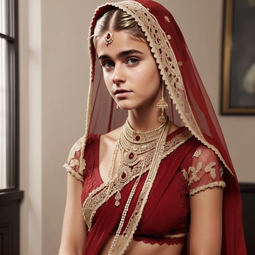 Prompt: Reimagine Justine Bieber as a 1900s indian bride wearing a red lace saree