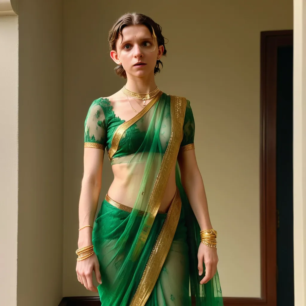 Prompt: Reimagine Tom Holland as a contemporary indian housewife wearing a transparent green lace saree, full body, looking shy and scared, gold anklets, gold waist chain, gold nose ring, vermilion in hair, 