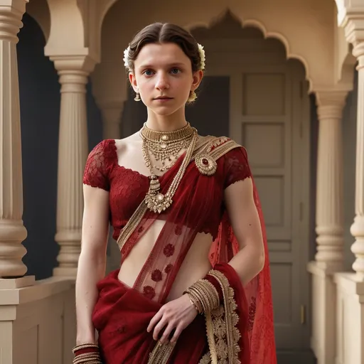 Prompt: Reimagine Tom Holland as a 1900s indian bride wearing a red lace saree, full body