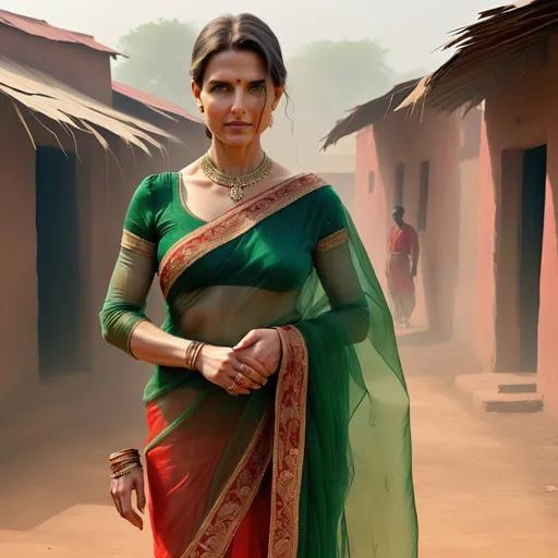 Prompt: Reimagine Tom Cruise as a 1900s indian village bride wearing a transparent green saree and red blouse