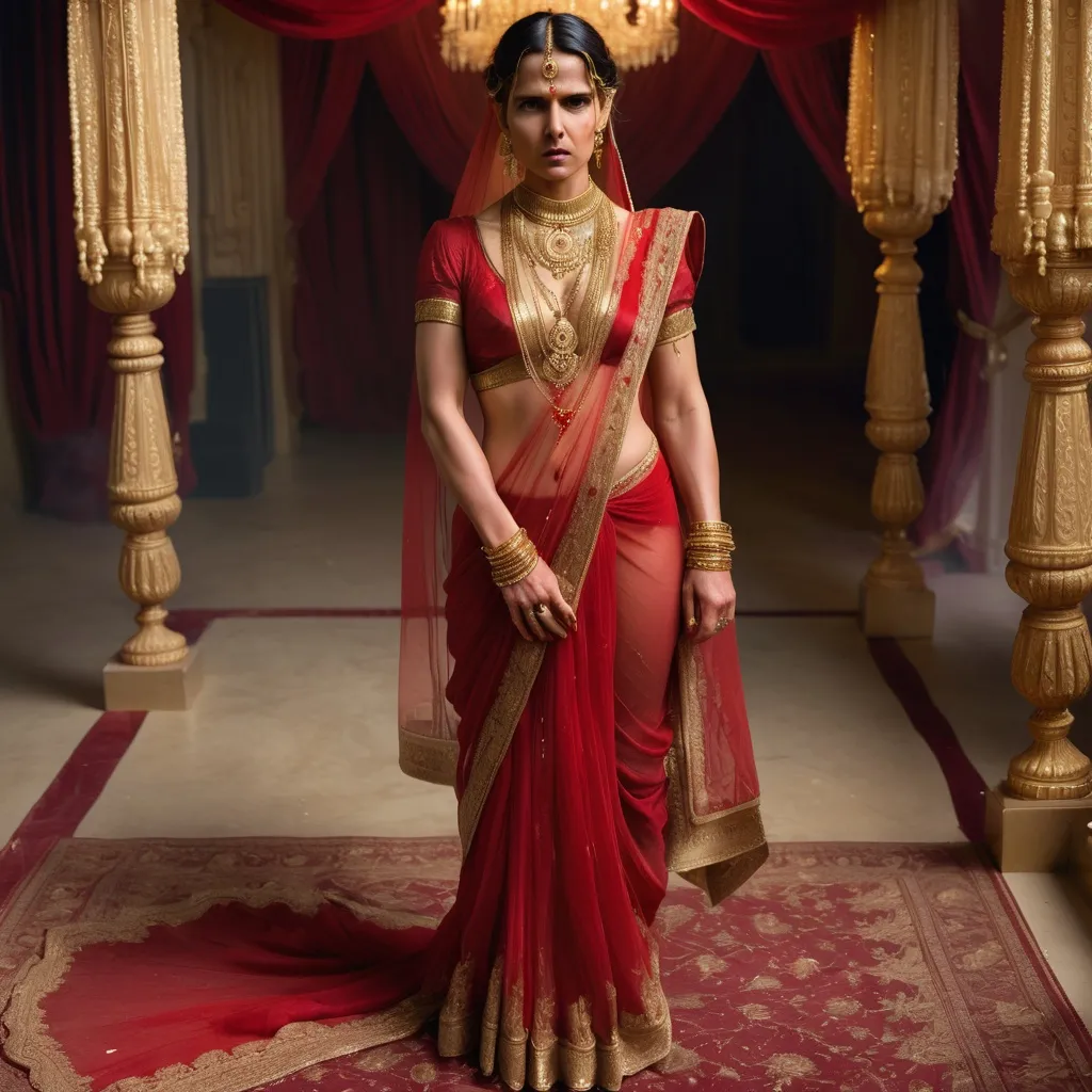 Prompt: Reimagine Tom Cruise as a 1900s indian bride wearing a transparent red saree, full body, looking shy and scared, gold anklets, gold waist chain, gold nose ring 