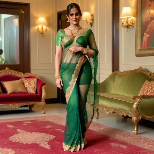 Prompt: Reimagine Salman khan as a contemporary indian housewife wearing a transparent green lace cocktail saree, full body, looking shy and scared, gold anklets, gold waist chain, gold nose ring, vermilion in hair, docile. Standing in a lavish living room, 