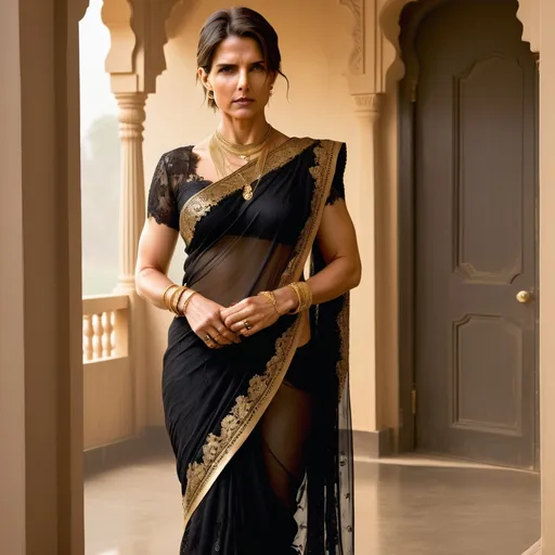 Prompt: Reimagine Tom Cruise as a contemporary indian housewife wearing a transparent black lace saree, full body, looking shy and scared, gold anklets, gold waist chain, gold nose ring, vermilion in hair, 