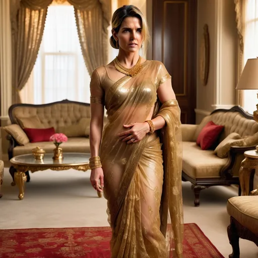 Prompt: Reimagine Tom Cruise as a contemporary indian housewife wearing a transparent gold lace cocktail saree, full body, looking shy and scared, gold anklets, gold waist chain, gold nose ring, vermilion in hair, docile. Standing in a lavish living room, 