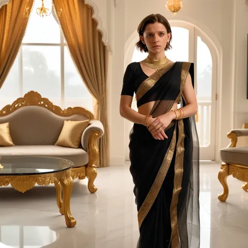 Prompt: Reimagine Tom Holland as a contemporary indian housewife wearing a transparent black cocktail saree, full body, looking shy and scared, gold anklets, gold waist chain, gold nose ring, vermilion in hair, docile. Standing in a lavish living room