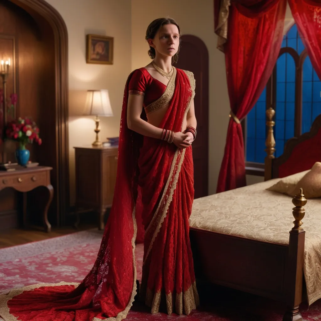 Prompt: Reimagine Tom Holland as a 1900s indian bride wearing a red lace saree on the first night, standing in a lavish bedroom, looking shy, full body