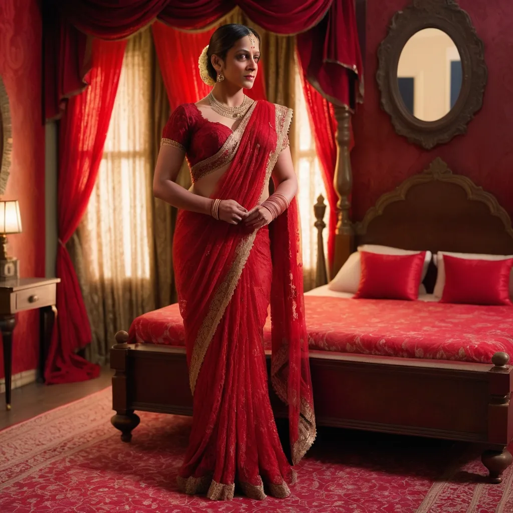 Prompt: Reimagine Salman as a 1900s indian bride wearing a red lace saree on the first night, standing in a lavish bedroom, looking shy,  full body, navel visible 