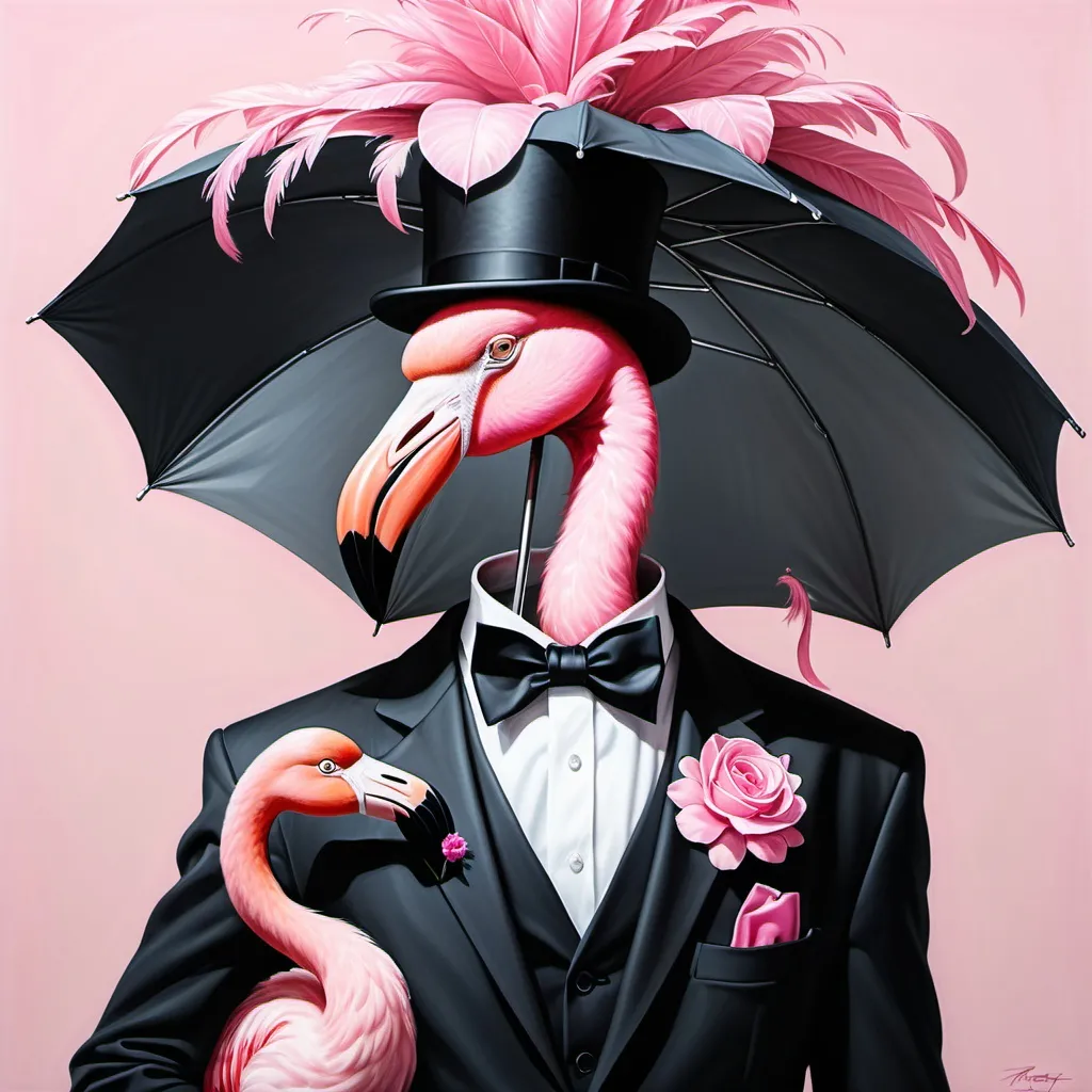 Prompt: Human body with a flamingo head and neck. they wear a black suit with a pink flower hanging out of the pocket. they are wearing a black  top hat with pink feathers tucked into a pink ribbon. they have a umbrella in hand with pink feathered umbrella and a black handle. realistic, hyper realism. oil pinting