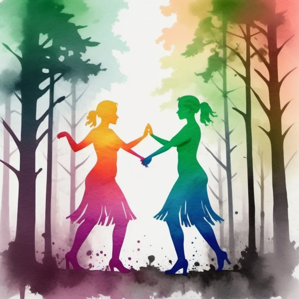 Prompt: Grafitti style forest with a water colour effect, ombre colours of the lesbian flag with two skelatan women dancing together