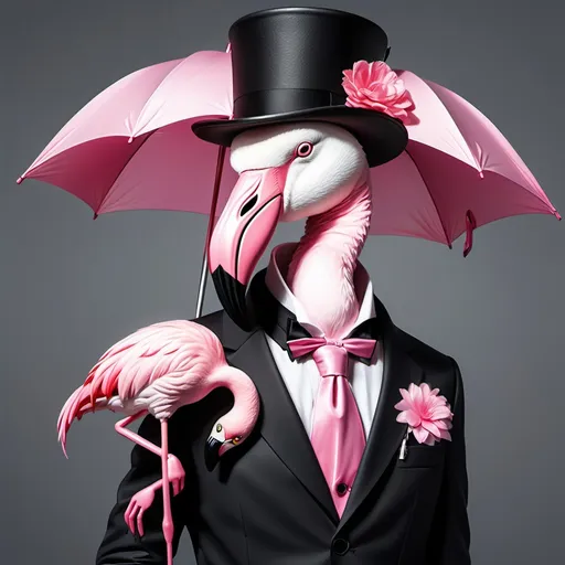 Prompt: Human body with a flamingo head and neck. they wear a black suit with a pink flower hanging out of the pocket. they are wearing a black  top hat with pink feathers tucked into a pink ribbon. they have a umbrella in hand with pink feathered umbrella and a black handle. realistic, hyper realism