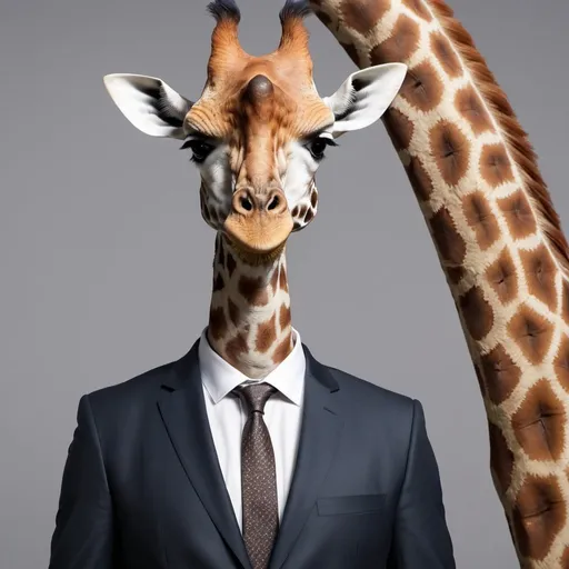 Prompt: man standing in suit but with the head and neck of a giraffe and the body of a human man. portrait, high resolution, 4k