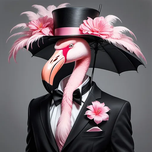 Prompt: Human body with a flamingo head and neck. they wear a black suit with a pink flower hanging out of the pocket. they are wearing a black  top hat with pink feathers tucked into a pink ribbon. they have a umbrella in hand with pink feathered umbrella and a black handle. realistic, hyper realism