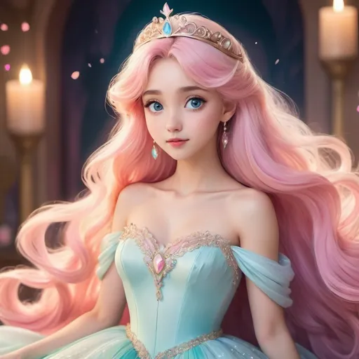 Prompt: Anime interpretation of Disney princess, vibrant and dreamy, high quality, detailed eyes, flowing gown, magical setting, pastel color palette, soft and warm lighting, anime, princess, vibrant colors, dreamy, flowing gown, magical, pastel tones, soft lighting, high quality, detailed eyes