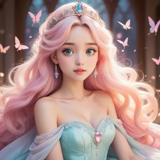 Prompt: Anime interpretation of Disney princess, vibrant and dreamy, high quality, detailed eyes, flowing gown, magical setting, pastel color palette, soft and warm lighting, anime, princess, vibrant colors, dreamy, flowing gown, magical, pastel tones, soft lighting, high quality, detailed eyes
