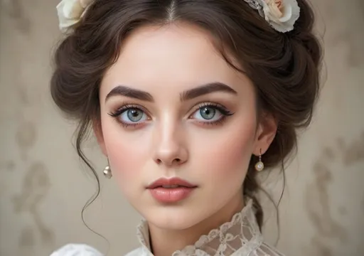 Prompt: Victorian lady with big beautiful eyes, small nose, full lips, full cheeks and athletic body in an elegante and beautiful look in full shape