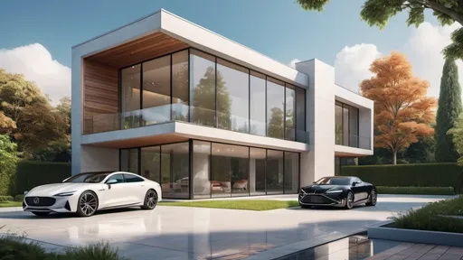 Prompt: (photorealistic), modern house, sleek design, large glass windows, well-maintained driveway, person standing thoughtfully, stylish attire, car parked elegantly, bright daylight, vibrant greenery surrounding, inviting atmosphere, digital rendering, ultra-detailed, showcasing contemporary architecture, high-quality visuals, luxury ambience, clean lines, dynamic composition.