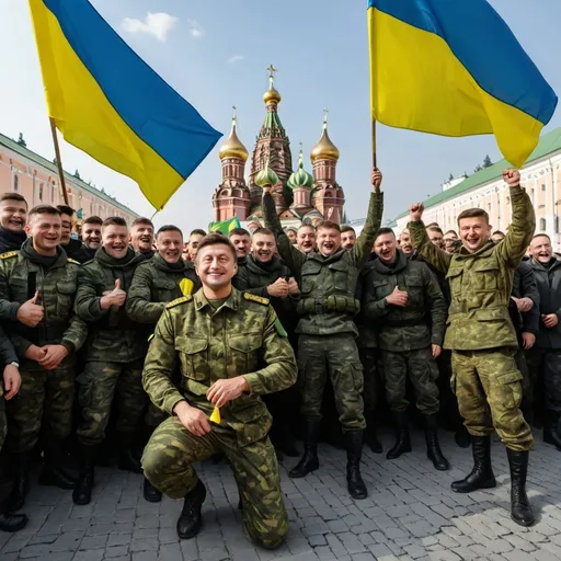 Prompt: Zelensky, the ukrainian people  and soldiers celebrating their victory in the kremlin while holding the ukrainian flag