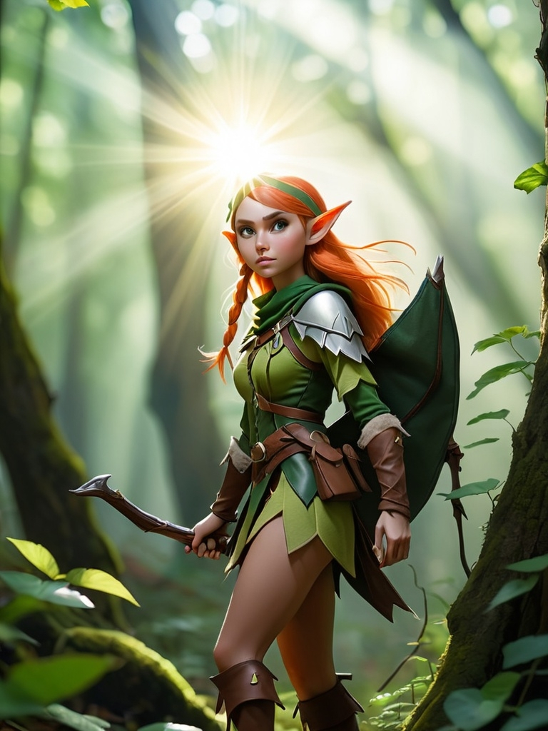 Prompt: Elf ranger in a mystical forest around sunlight