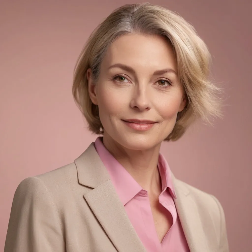 Prompt: (middle aged blonde woman), wearing a yellow shirt and pink suit jacket, professional attire, warm lighting, soft focus background, elegant medium length hairstyle, subtle makeup, cheerful expression, kind appearence, (high-quality portrait:1.2), ultra-detailed, 4K resolution, photorealistic, studio lighting, depth of field, golden hour glow, muted background tones, crisp details, business chic, empowering atmosphere, soft shadows, flattering angles, polished appearance