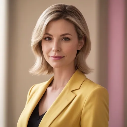 Prompt: (blonde woman in her late thirties), wearing a yellow shirt and pink suit jacket, professional attire, warm lighting, soft focus background, elegant medium length hairstyle, subtle makeup, cheerful expression, kind appearence, friendly (high-quality portrait:1.2), ultra-detailed, 4K resolution, photorealistic, studio lighting, depth of field, golden hour glow, muted background tones, crisp details, business chic, empowering atmosphere, soft shadows, flattering angles, polished appearance