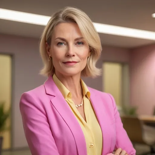 Prompt: (middle aged blonde woman), wearing a vibrant pink and yellow suit, professional attire, confident pose, warm lighting, soft focus background, elegant medium length hairstyle, subtle makeup, cheerful expression, (high-quality portrait:1.2), ultra-detailed, 4K resolution, photorealistic, studio lighting, depth of field, golden hour glow, muted background tones, crisp details, business chic, empowering atmosphere, sleek modern office elements, soft shadows, flattering angles, polished appearance