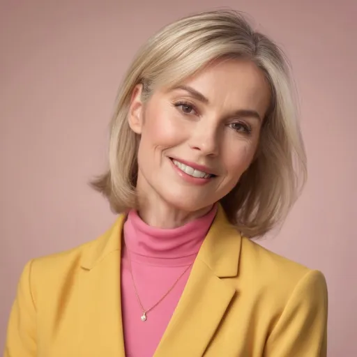 Prompt: (middle aged blonde woman), wearing a yellow shirt and pink suit jacket, professional attire, warm lighting, soft focus background, elegant medium length hairstyle, subtle makeup, cheerful expression, kind appearence, (high-quality portrait:1.2), ultra-detailed, 4K resolution, photorealistic, studio lighting, depth of field, golden hour glow, muted background tones, crisp details, business chic, empowering atmosphere, soft shadows, flattering angles, polished appearance