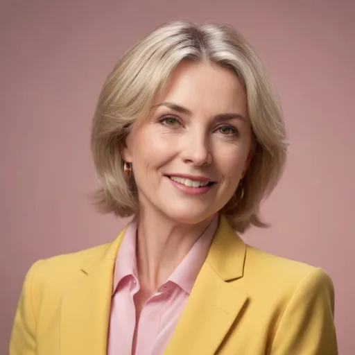 Prompt: (middle aged blonde woman), wearing a yellow shirt and pink suit jacket, professional attire, warm lighting, soft focus background, elegant medium length hairstyle, subtle makeup, cheerful expression, kind appearence, (high-quality portrait:1.2), ultra-detailed, 4K resolution, photorealistic, studio lighting, depth of field, golden hour glow, muted background tones, crisp details, business chic, empowering atmosphere, soft shadows, flattering angles, polished appearance