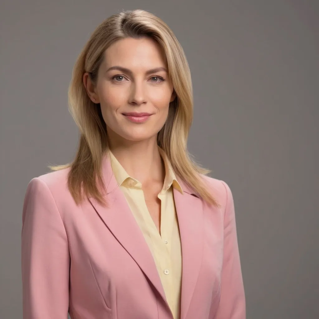 Prompt: (blonde woman in her late thirties), wearing a yellow shirt and pink suit jacket, professional attire, warm lighting, soft focus background, elegant medium length hairstyle, subtle makeup, cheerful expression, kind appearence, friendly (high-quality portrait:1.2), ultra-detailed, 4K resolution, photorealistic, studio lighting, depth of field, golden hour glow, muted background tones, crisp details, business chic, empowering atmosphere, soft shadows, flattering angles, polished appearance