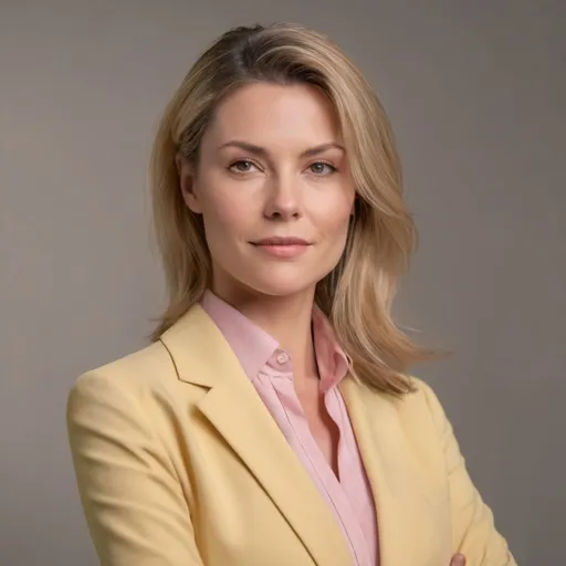 Prompt: (blonde woman in her late thirties), wearing a yellow shirt and pink suit jacket, professional attire, warm lighting, soft focus background, elegant medium length hairstyle, subtle makeup, cheerful expression, kind appearence, (high-quality portrait:1.2), ultra-detailed, 4K resolution, photorealistic, studio lighting, depth of field, golden hour glow, muted background tones, crisp details, business chic, empowering atmosphere, soft shadows, flattering angles, polished appearance