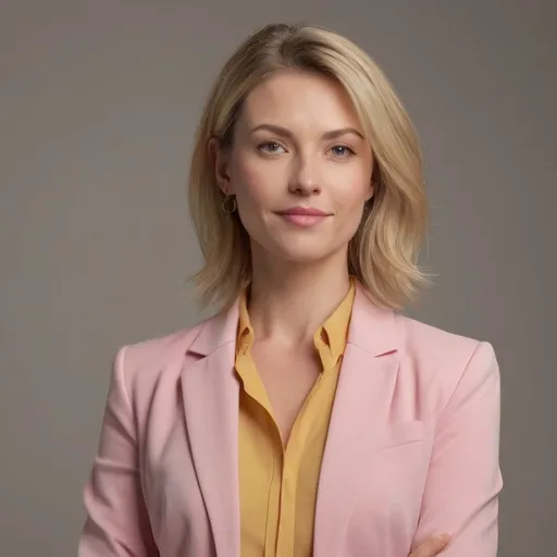 Prompt: (blonde woman in her late thirties), wearing a yellow shirt and pink suit jacket, professional attire, warm lighting, soft focus background, elegant medium length hairstyle, subtle makeup, cheerful expression, kind appearence, (high-quality portrait:1.2), ultra-detailed, 4K resolution, photorealistic, studio lighting, depth of field, golden hour glow, muted background tones, crisp details, business chic, empowering atmosphere, soft shadows, flattering angles, polished appearance