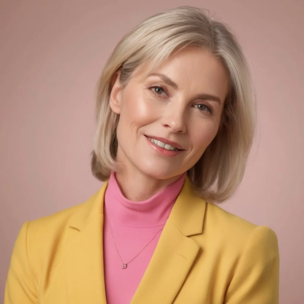 Prompt: (middle aged blonde woman), wearing a yellow shirt and pink suit jacket, professional attire, warm lighting, soft focus background, elegant medium length hairstyle, subtle makeup, cheerful expression, kind appearence, (high-quality portrait:1.2), ultra-detailed, 4K resolution, photorealistic, studio lighting, depth of field, golden hour glow, muted background tones, crisp details, business chic, empowering atmosphere, soft shadows, flattering angles, polished appearance