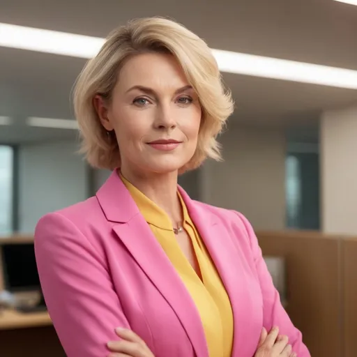 Prompt: (middle aged blonde woman), wearing a vibrant pink and yellow suit, professional attire, confident pose, warm lighting, soft focus background, elegant medium length hairstyle, subtle makeup, cheerful expression, (high-quality portrait:1.2), ultra-detailed, 4K resolution, photorealistic, studio lighting, depth of field, golden hour glow, muted background tones, crisp details, business chic, empowering atmosphere, sleek modern office elements, soft shadows, flattering angles, polished appearance