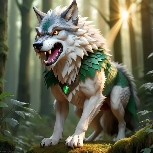 Prompt: Elf rangeRealistic digital art of a wolf-dragon hybrid, fierce and mystical, with scales and fur blending seamlessly.r in a mystical forest around sunlight