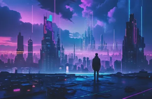 Prompt: a man standing in front of a city with neon lights and a neon sky background with buildings and neon lights, Beeple, retrofuturism, cyberpunk city, cyberpunk art