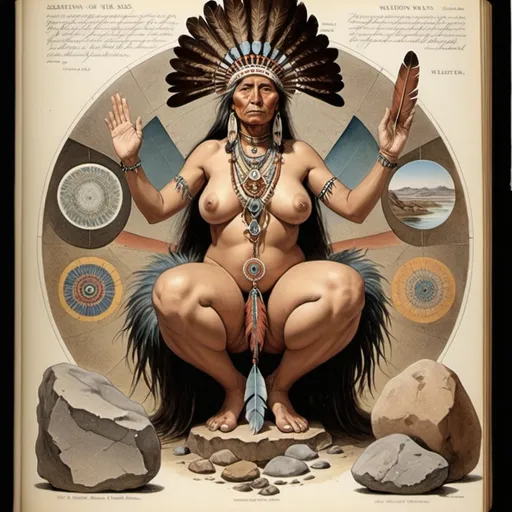 Prompt: an anatomical drawing of ((sacred geometry, native american, woman, feather fan, water, rocks)), painting by Walton Ford, field guide page style, vintage, naturalist, colour plate, hd, Codex Seraphinianus