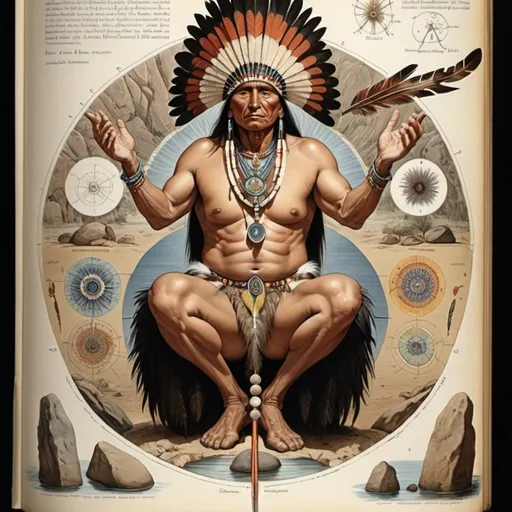 Prompt: an anatomical drawing of ((sacred geometry, native american, feather fan, water, rocks)), painting by Walton Ford, field guide page style, vintage, naturalist, colour plate, hd, Codex Seraphinianus