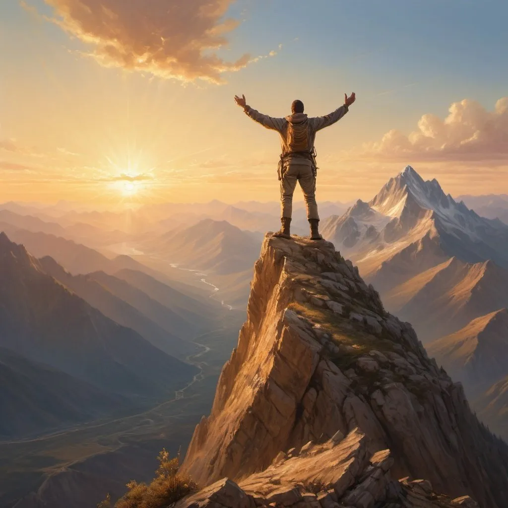 Prompt: A human standing on a mountaintop, sunset golden lighting, detailed facial expression, hero, epic landscape, high-res, realistic, oil painting, golden hour, majestic, victorious, heroic, detailed features, mountain peak, radiant glow, grandiose, awe-inspiring view