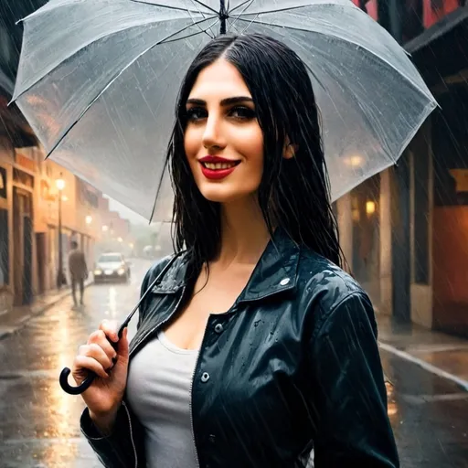 Prompt: a woman walking down a street holding an umbrella over her head and a jacket over her shoulder, and the rain is to hard, 
Carla Wyzgala, fantasy art, wet, a fine art painting
 