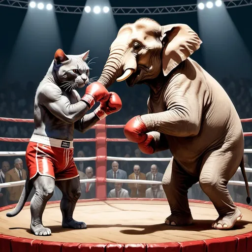 Prompt: A cat boxing an elephant on a ring during a match with crowd. The animals are the same size. They are standing up like humans, wearing boxing gloves and shorts and they are very fit in a human like way. Realistic pop artstyle