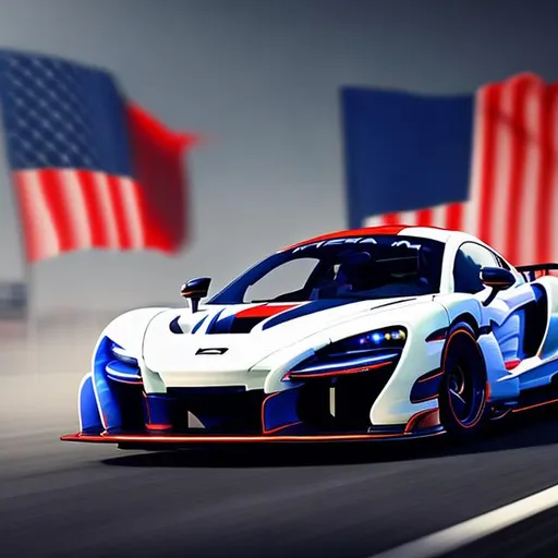 Prompt: Mclaren Senna painted red, white, and blue, two American flags waving from the rear spoiler, high quality, realistic rendering, patriotic, dynamic composition, bright and vibrant colors, detailed car design, flag motion blur, professional digital painting, patriotic, vibrant colors, dynamic composition, detailed reflections, realistic lighting