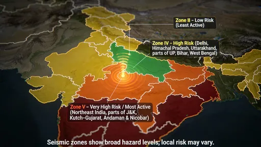 Prompt: 4K, 16:9 educational GIS animation. Use the provided India earthquake zones map as the base reference. Dark neutral background. Start with the map static, then add smooth camera pan and gentle zoom. Keep borders and labels crisp.
Animate seismic zones one by one:
• Highlight Zone II (yellow/green) — label: “Zone II – Low Risk (Least Active)”
• Highlight Zone IV (orange) — label: “Zone IV – High Risk (Delhi, Himachal Pradesh, Uttarakhand, parts of UP, Bihar, West Bengal)”
• Highlight Zone V (dark red) — label: “Zone V – Very High Risk / Most Active (Northeast India, parts of J&K, Kutch–Gujarat, Andaman & Nicobar)” with subtle seismic pulse
End with full map visible and footer text: “Seismic zones show broad hazard levels; local risk may vary.”
Clean infographic style, smooth motion, no people, no narration, no textures.

Negative prompt:
distorted map, wrong borders, photorealism, icons, characters, cluttered labels, shaky camera, blur.
